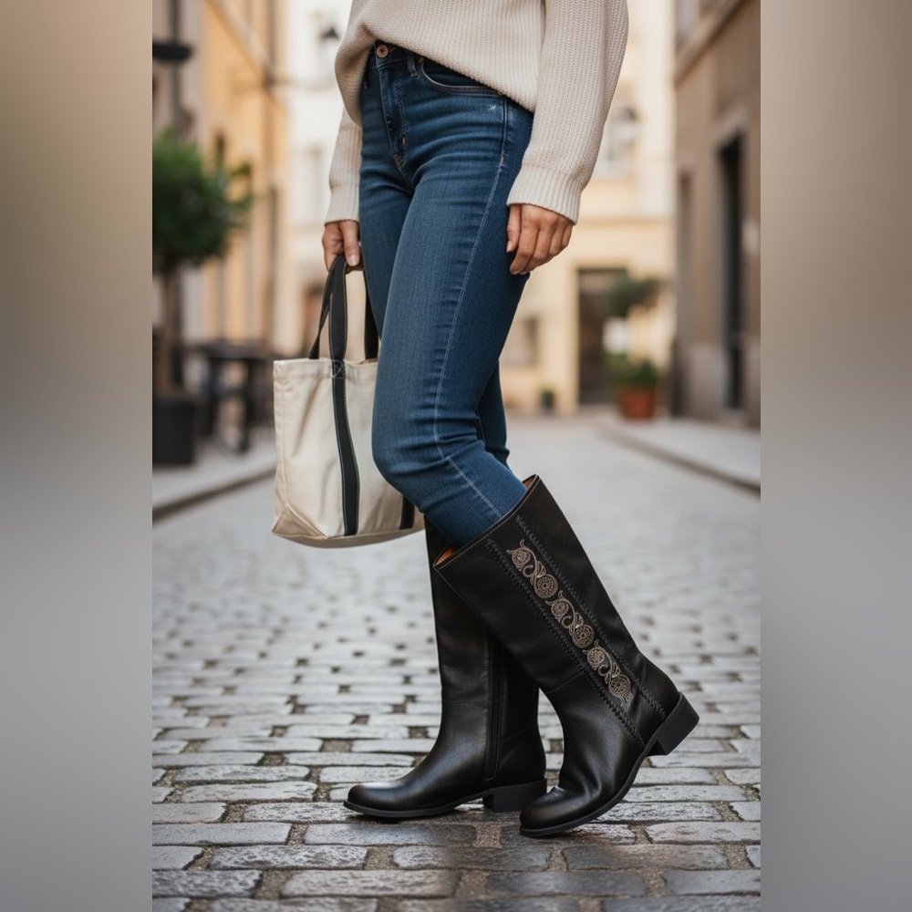 MATISSE Black Leather Boots Embroidered Floral Boho Western Tall Mid Calf 9.5